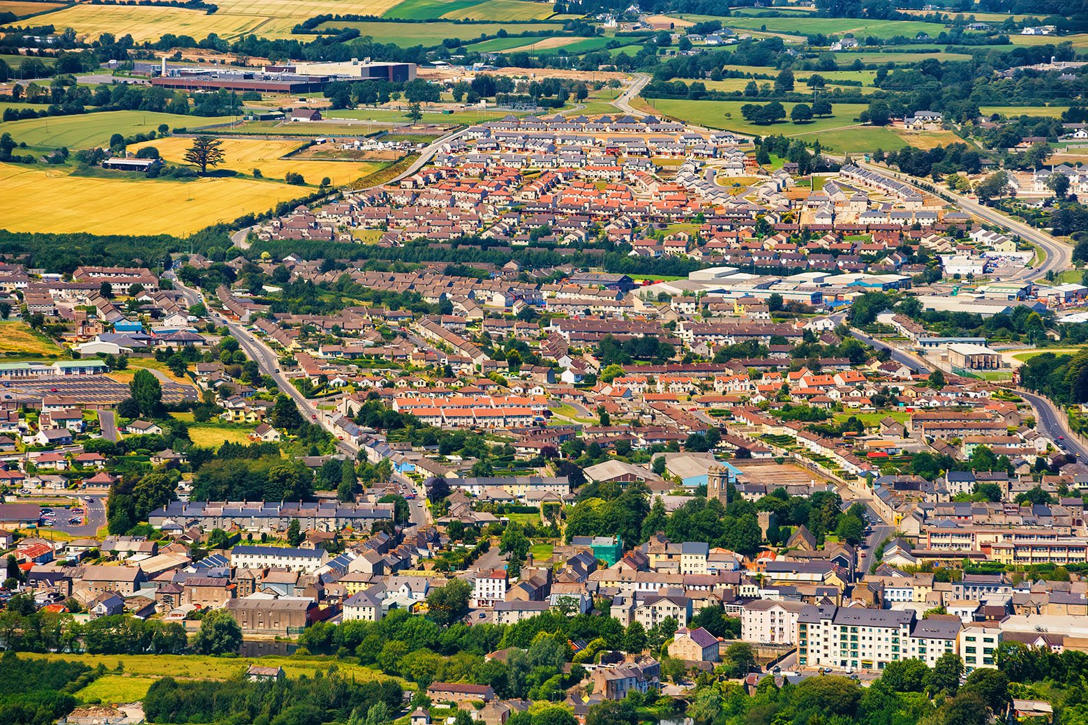 Town of Clonmel in County Tipperary, Ireland, aerial view.